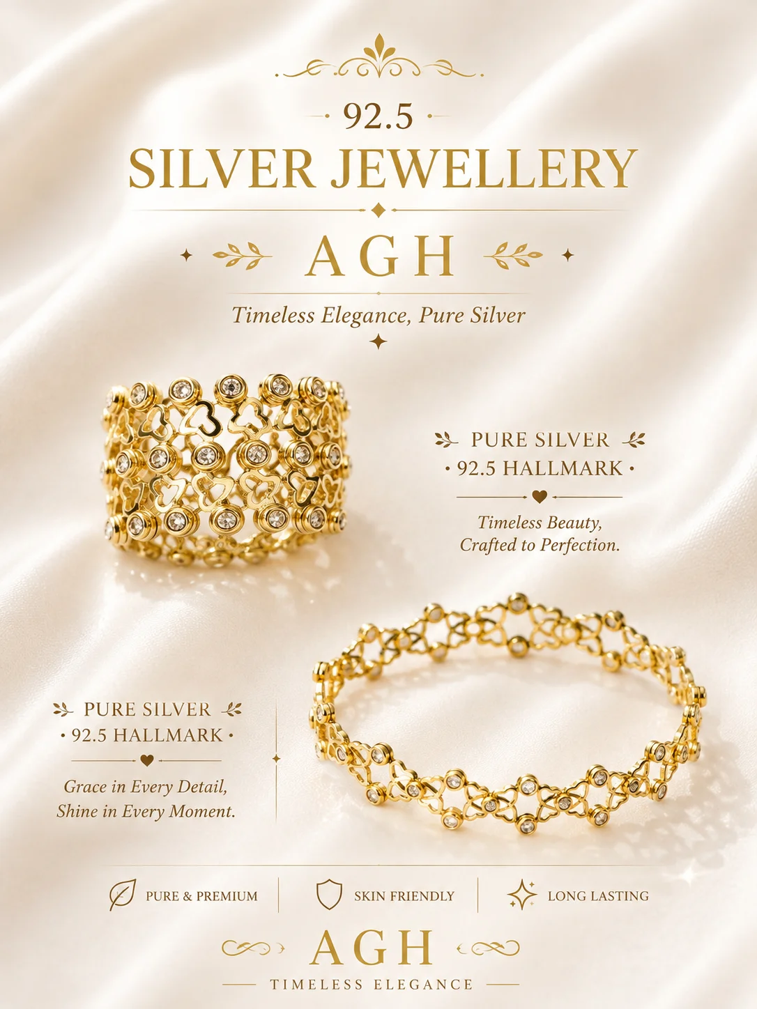 Gold polished silver ring featuring an openwork pattern with interconnected round bezels set with sparkling white stones.