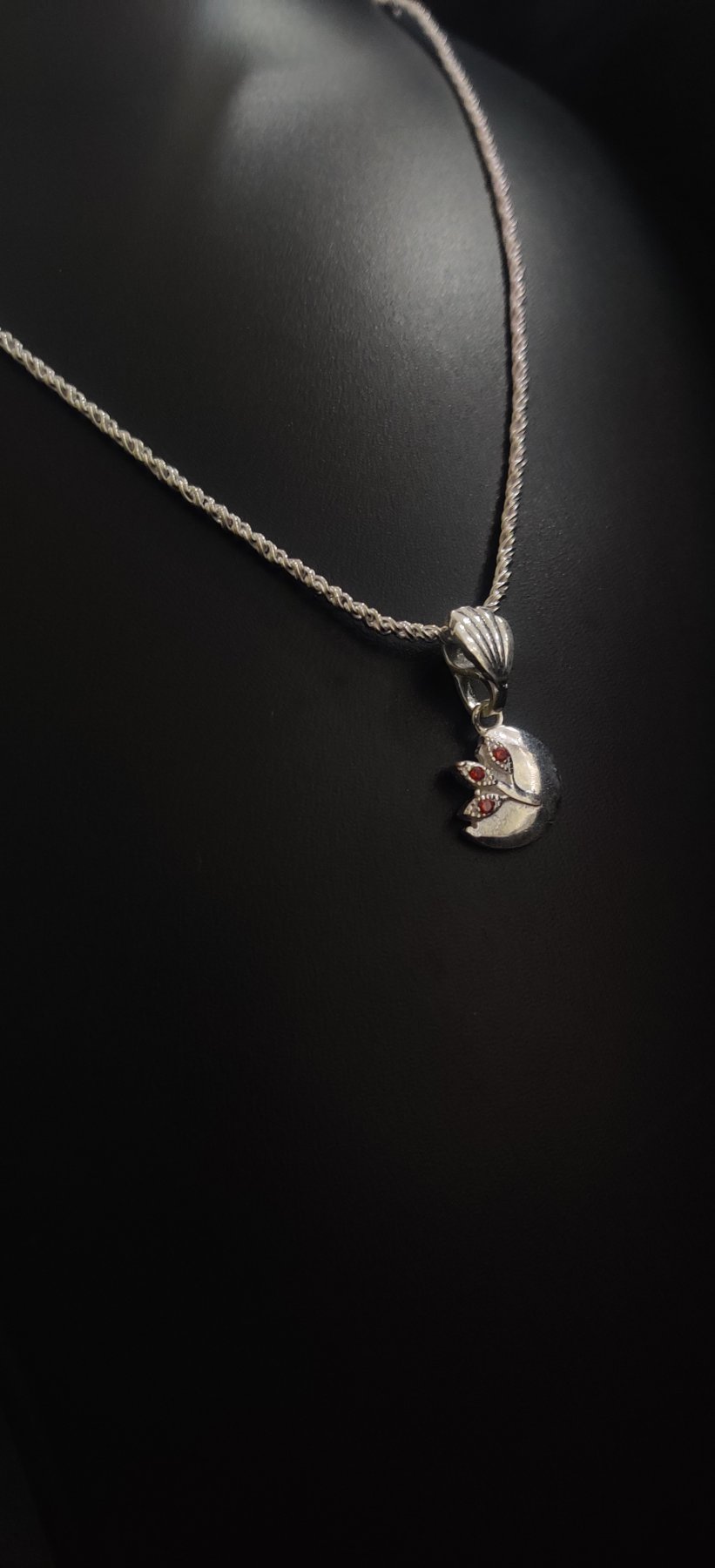 A silver locket with red stones on a silver chain.