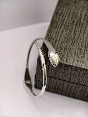 This shiny silver snake shaped kada features a textured scale pattern on the head and body.