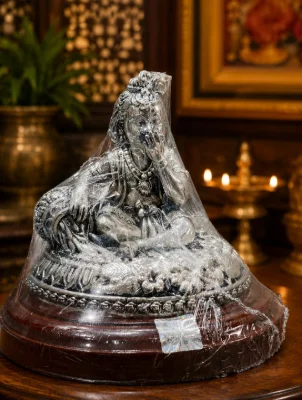 Oxidised silver idol depicting a seated child figure on a floral base with detailed carvings.