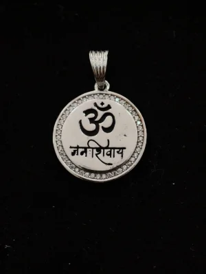 Round silver locket featuring Om and Namah Shivaya in black with a sparkling stone border.