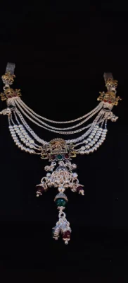 Oxidised silver half waist chain with multi strand chains, beaded rows, stone accents, and dangling hangings with ghungroos.
