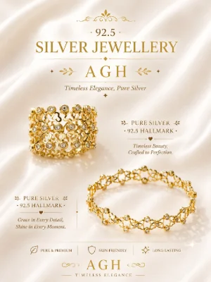 Gold polished silver ring featuring an openwork pattern with interconnected round bezels set with sparkling white stones.