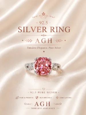 A glossy silver ring featuring a large cushion cut pink stone and sparkling small white stones on the split band.