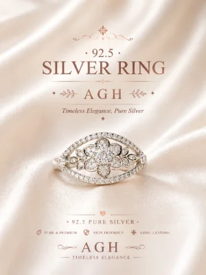 This stunning silver ring features a floral design set with sparkling white stones and a paved oval outer frame.