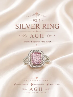 Silver ring featuring a large rectangular pink center stone surrounded by tiny white stones and split band.