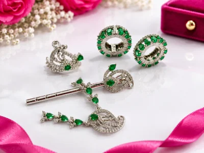 Silver Krishna shringar set featuring green stones and white cubic zirconia with a shiny finish.