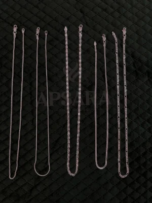 Plain silver chain with a polished finish, featuring multiple slim link designs arranged vertically.