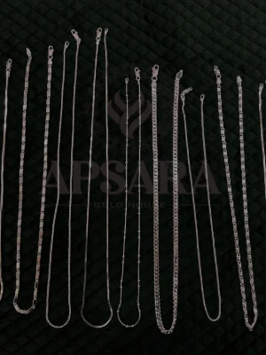Simple silver chains in various link patterns with a bright finish.