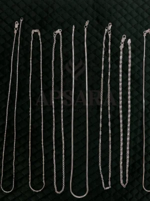 Simple silver chains featuring various link patterns and a polished finish.